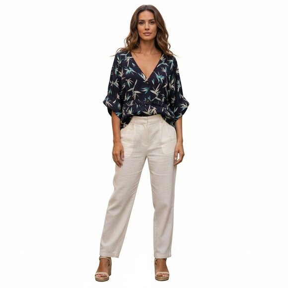 Grace and Mila – Chic Dark Navy Leaf Print Blouse (Size M) - Picture 1 of 10